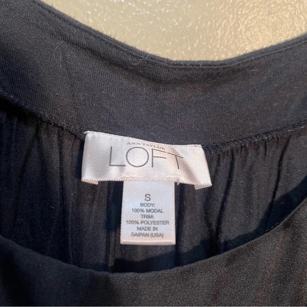 Loft Women's Size Small Square Neck Blouse Puff Sleeve Black Satin Trim Modal